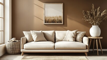 Modern living room interior with beige sofa, wooden side table, and neutral decor.