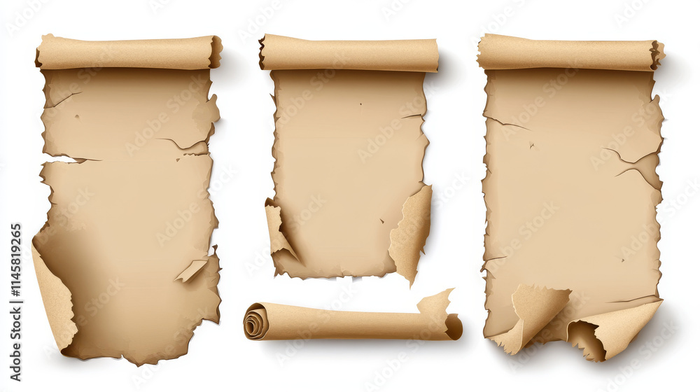 Poster torn paper holes with roll. realistic vector illustration set of rip page frames. reveal break cardb