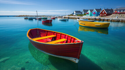 Colorful Harbor Scene with Small Boats Painted in Bright Vibrant Colors