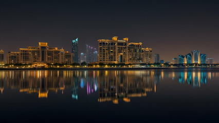 Naklejka premium A city skyline with a bridge and a body of water with a bridge in the background 