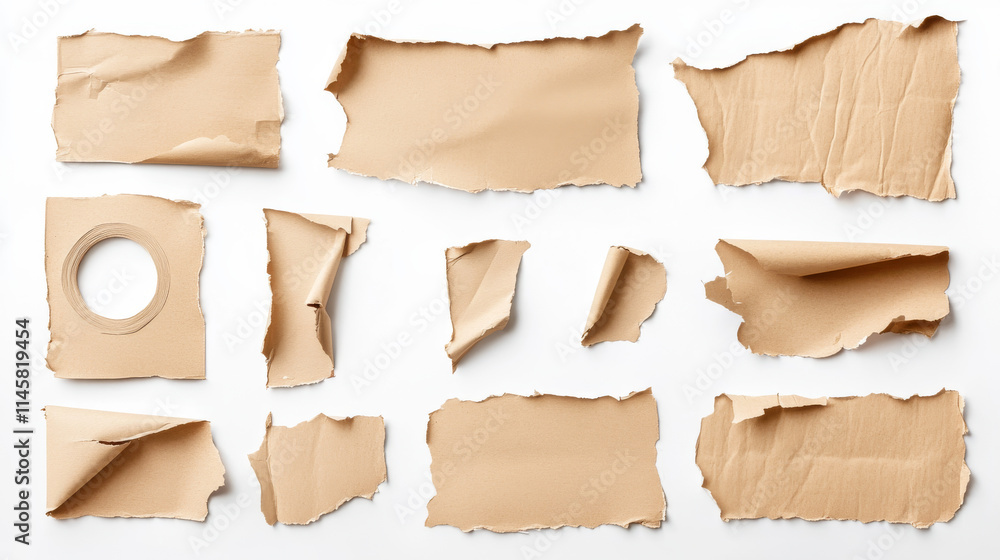 Poster pieces of paper with torn edges attached with adhesive tape. realistic vector illustration set of cu