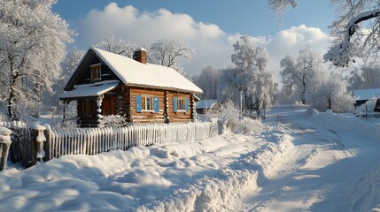 Vintage winter background with nice houses in a snowy landscape
