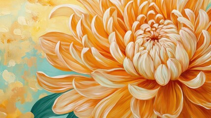 Vibrant close-up of an orange chrysanthemum blossom with soft pastel background showcasing fine details and rich colors.