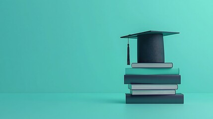 Graduation Cap on Teal Backdrop with Books Symbolizing Academic Achievement