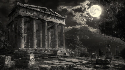 Obraz premium Ancient Greek Temple, Night, Moonlight, Columns, Ruins