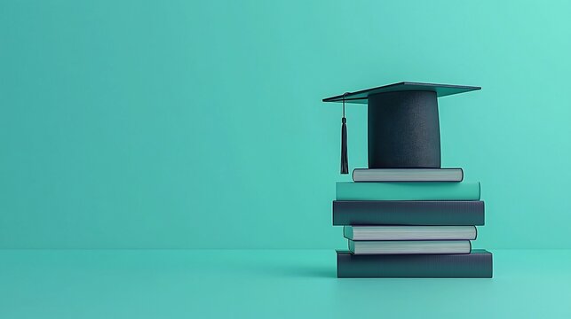Graduation Cap on Teal Backdrop with Books Symbolizing Academic Achievement