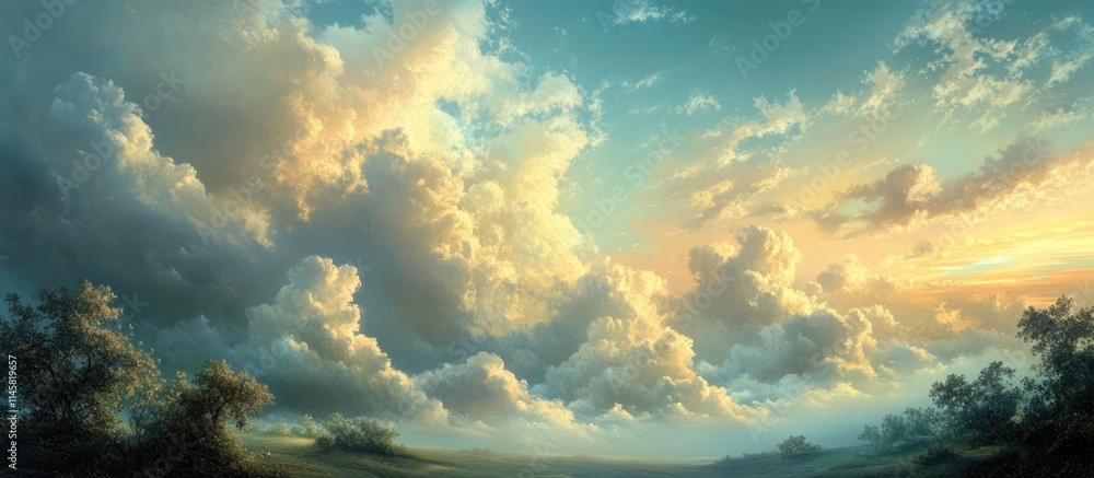 Poster majestic clouds illuminated by soft sunlight with a serene fog creating a tranquil atmospheric lands