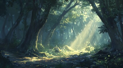 A forest landscape bathed in the soft glow of sunlight filtering through a dense canopy of trees, highlighting the textures of the forest floor 