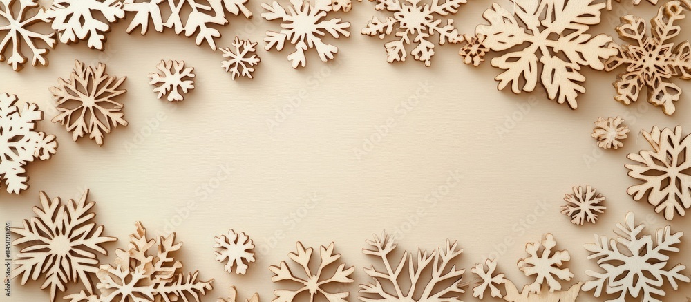 Poster wooden snowflake ornaments arranged in a flat lay border on a light background creating a festive wi