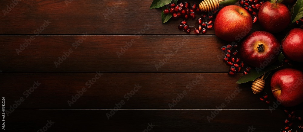 Poster honey pomegranate and apples arranged on dark wooden backdrop with empty space for text ideal for se