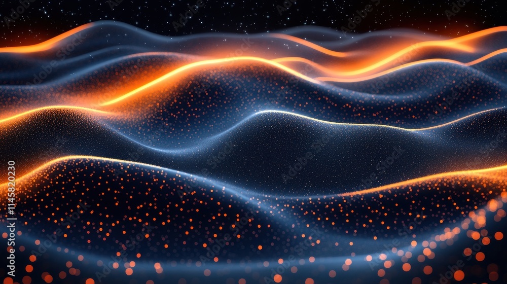 Poster abstract illustration of waves with particles on black background futuristic background with lines o