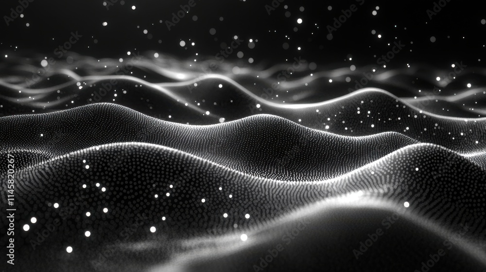 Aufkleber abstract illustration of waves with particles on black background futuristic background with lines o