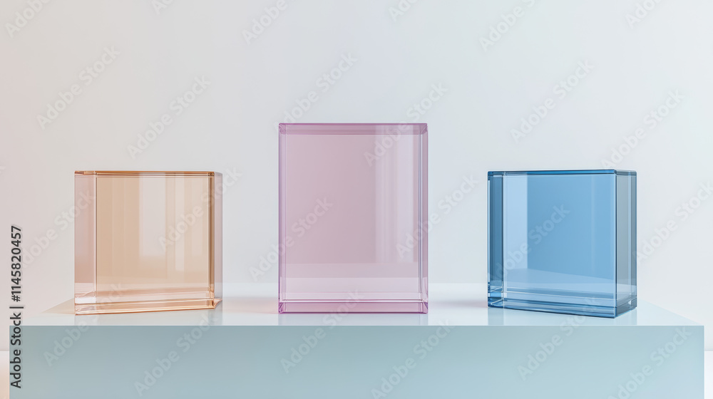 Poster glass cube boxes on black, white and marble stand. empty clear square showcases on plastic podiums. 
