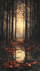 Fototapeta premium Autumnal Forest Clearing Watercolor Painting: Tranquil Rain, Dramatic Reflections
