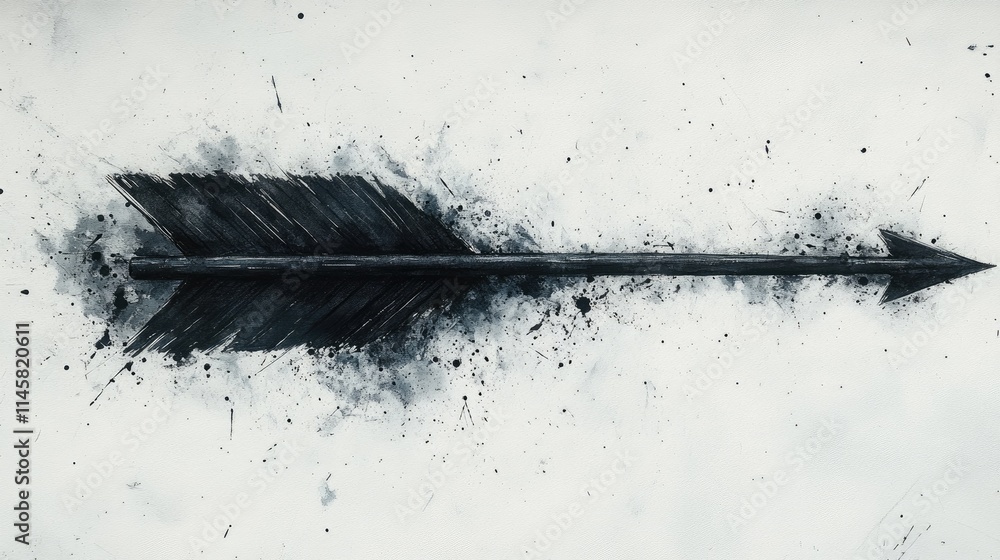 Poster hand painted black watercolor arrow with splashes on a white background creating a dynamic artistic 