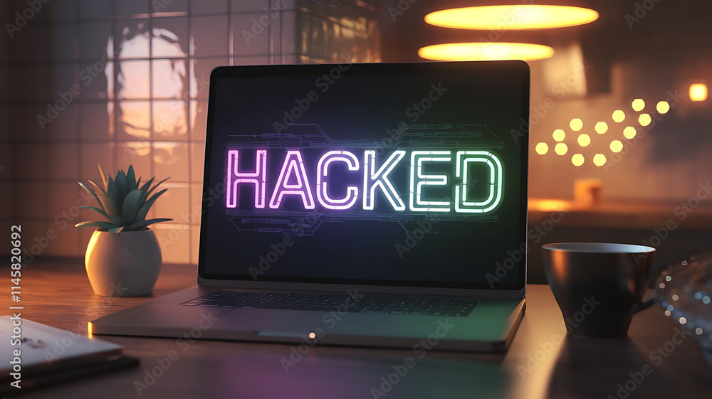 Poster cybersecurity hack, cyber attack warning with digital breach notification, laptop with hacking messa