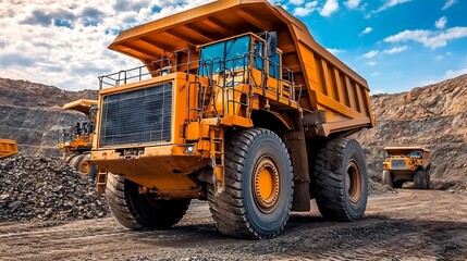 Mining Truck Transporting Ore Through Rugged Quarry with Heavy Machinery