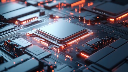 A minimalist microchip concept with glowing edges and a sleek, silver finish, mounted on a futuristic circuit board