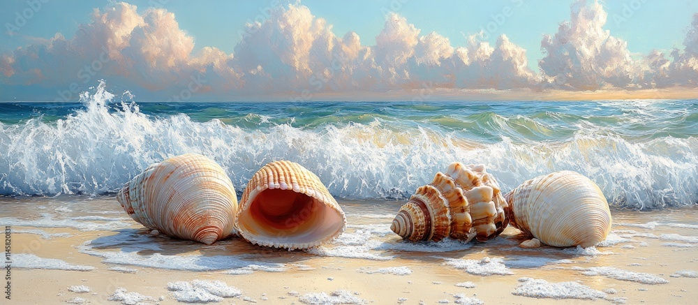 Poster seashells on sandy beach with gentle waves and vibrant clouds creating a serene coastal atmosphere