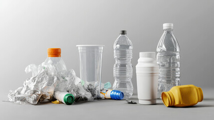 Crumpled plastic cup and bottle for water, disposable mug and flask. Crumple trash, used empty container for beverages isolated on transparent background, pollution concept, Realistic 3d vector mockup