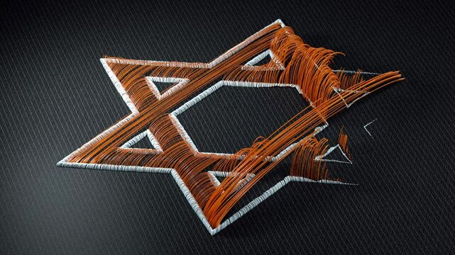 A dynamic 3D perspective motion view animation revealing the Star of David with hexagram symbol, showcasing intricate embroidery effects on fabric, representing Jewish heritage.