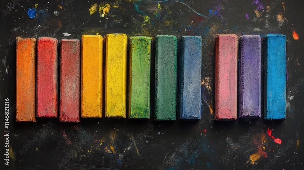 Poster row of vibrant colored chalks arranged on a chalkboard with artistic splashes and textures in the ba