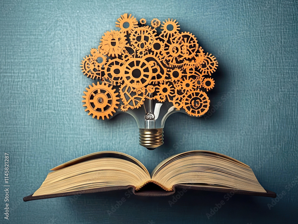 Poster open book with brain shaped light bulb and gears symbolizes memory enhancement and knowledge