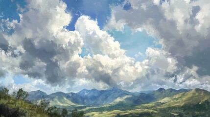 Fototapeta premium Majestic mountains under a dynamic cloudy sky showcasing the beauty of nature and atmospheric changes in a picturesque landscape.