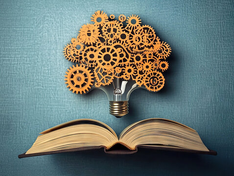 Open book with brain shaped light bulb and gears symbolizes memory enhancement and knowledge