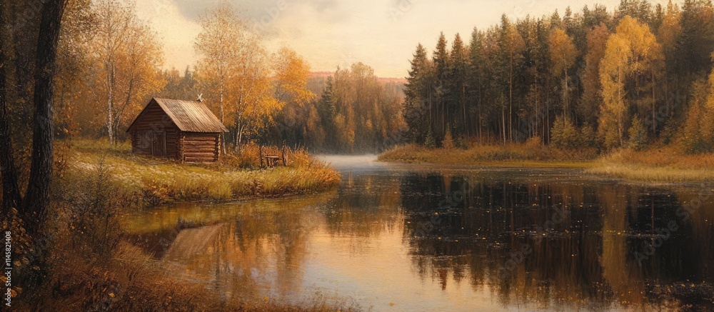 Poster autumn landscape with a tranquil river and a rustic cabin surrounded by colorful trees reflecting on