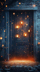 Fototapeta premium Mystical Door, Candles, Glowing Stars, Night Sky, Ethereal