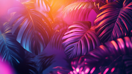 Neon summer jungle party with tropic palm leaf on background. Disco light frame design with abstract fluorescent plant. 3d wild exotic hawaii glow banner. Luxury dj music template with purple fern art