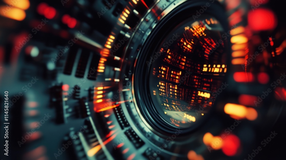 Poster abstract futuristic lens: digital data stream reflection in a technological camera