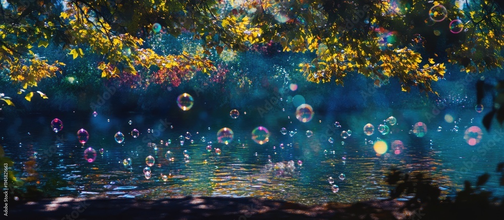Poster colorful soap bubbles floating over a tranquil water surface reflecting light creating a whimsical a