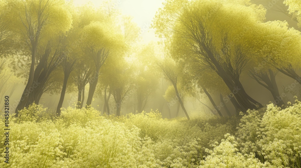 Aufkleber serene forest landscape with lush green trees and soft light creating a tranquil and ethereal atmosp