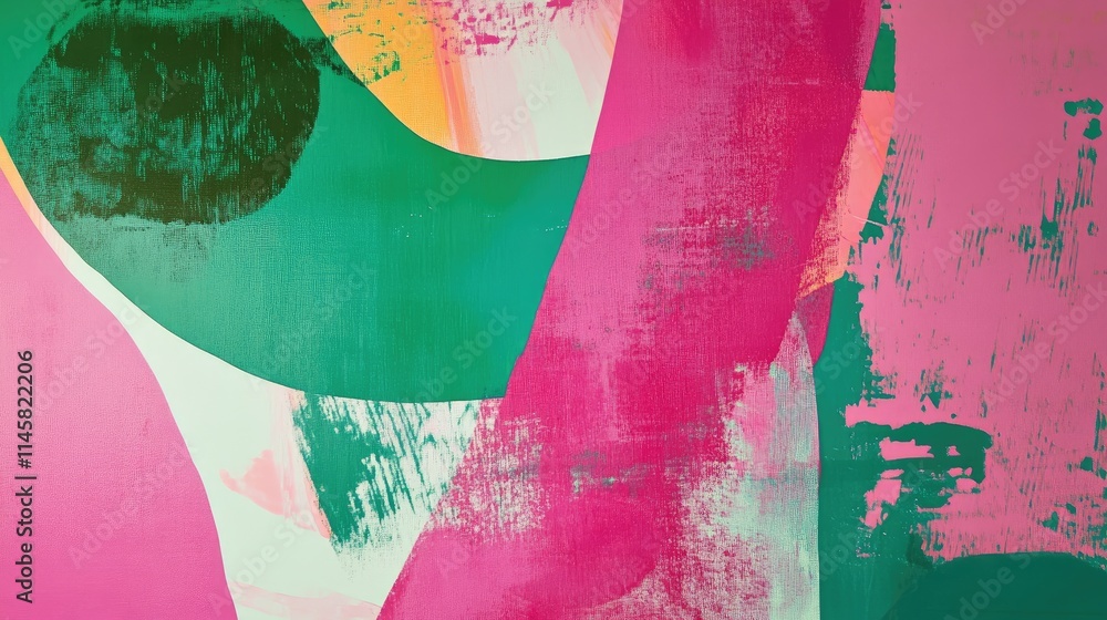 Poster vibrant abstract composition featuring lush green and bold pink hues creating a dynamic visual exper
