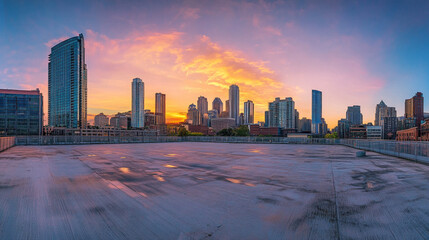 Fototapeta premium Cityscape Sunset: Rooftop View, Vibrant Colors, Empty Parking Lot