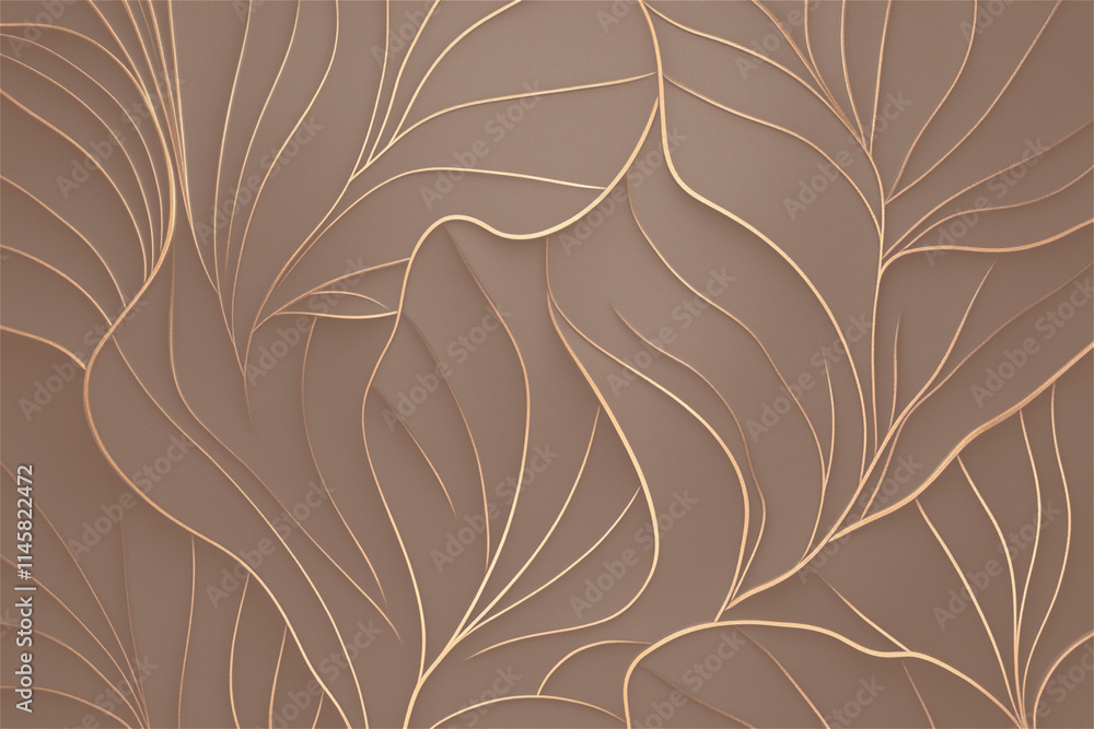 Poster delicate abstract leaf-like lines in soft mocha tones with golden accents creating an elegant and or