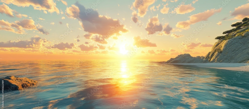Poster sunset over serene ocean waters with vibrant reflections and colorful clouds creating a tranquil bea
