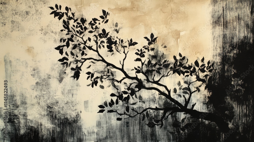 Poster ink painting of a delicate branch with leaves on textured paper background in soft earthy tones crea