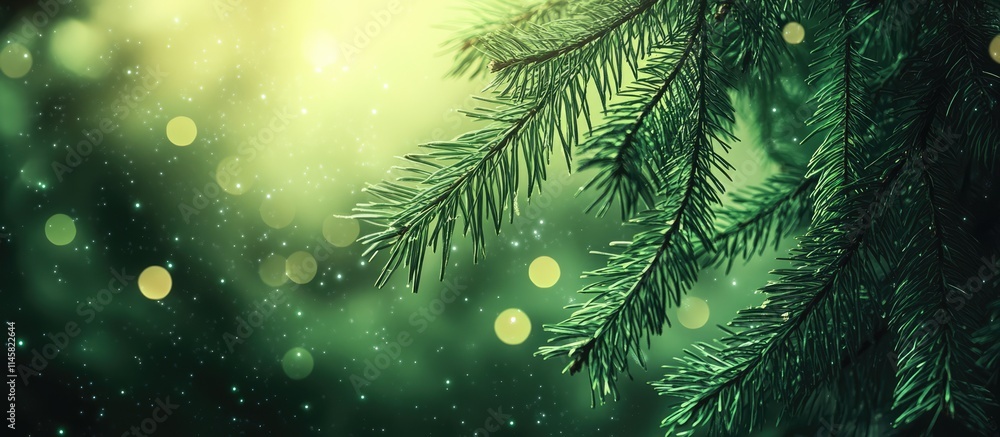 Poster abstract green background with blurred pine branches and sparkling lights creating a serene and fest