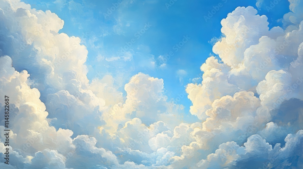 Poster serene blue sky with fluffy cumulus clouds creating a tranquil natural backdrop ideal for branding o