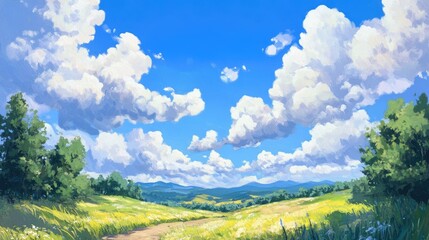 Fototapeta premium Lush green landscape under a bright blue sky with fluffy clouds on a sunny day showcasing nature's tranquility and beauty