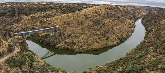 Requejo viaduct bridge (Puente de Pino​) Duero river, Pino del Oro and Villadepera, province of...