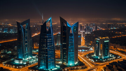 Obraz premium During the blue hour the KAFD buildings in Riyadh Saudi Arabia stand out 