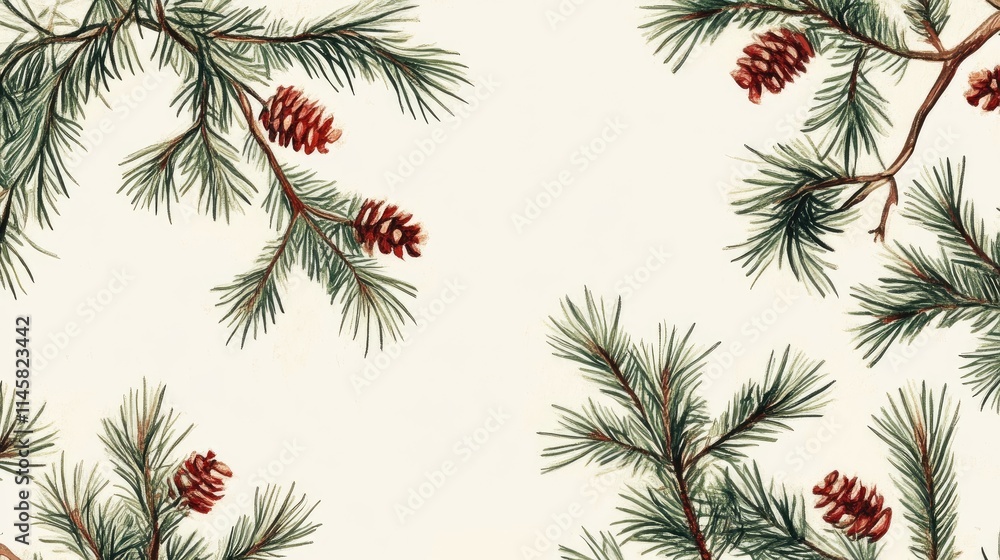 Poster pine branches with pinecones creating a seamless natural pattern on a light background for festive d