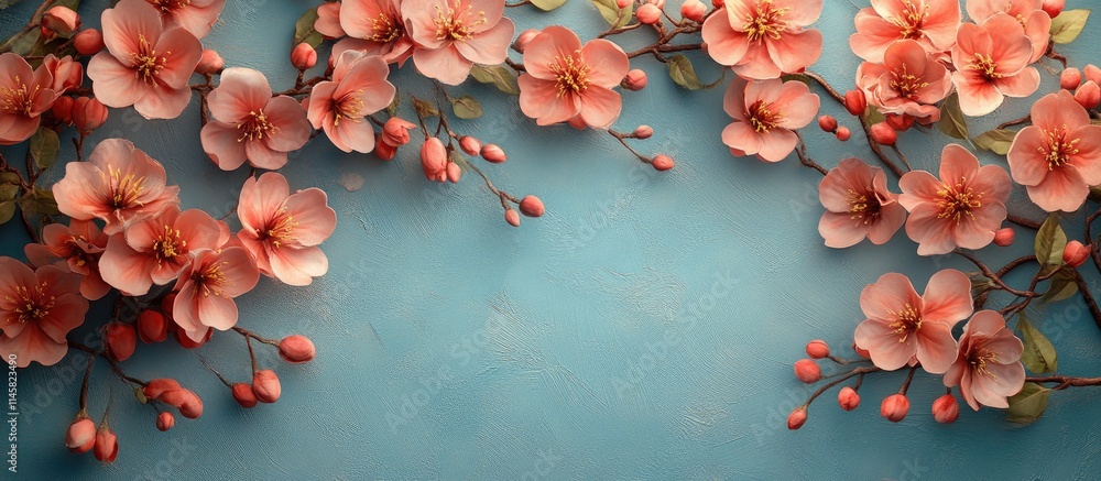 Poster spring flower postcard design with a space for personalized text against a soft blue background idea