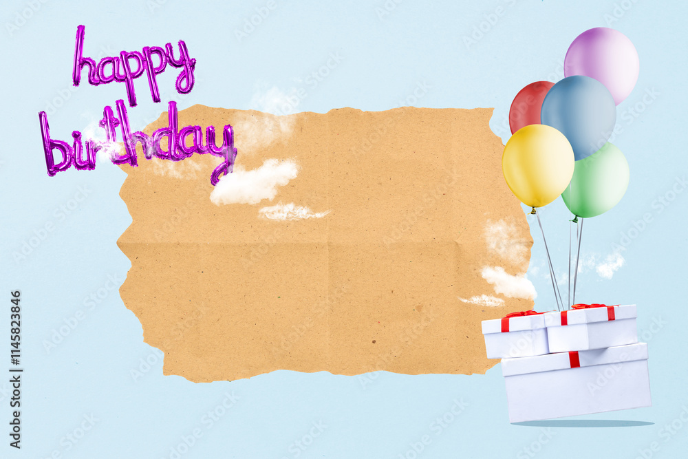 Poster balloon with the text of happy birthday with empty paper and gift box on a colored background