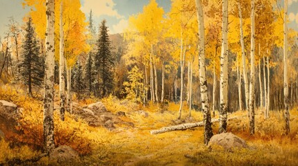 Obraz premium Scenic vintage autumn forest landscape with vibrant yellow foliage and serene natural beauty in a tranquil setting.