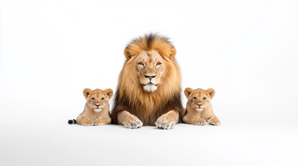 Powerful Lion and Adorable Lion Cubs on a White Background, Symbolizing Family Bonds, Strength, and Nature's Majesty in a Studio Setting